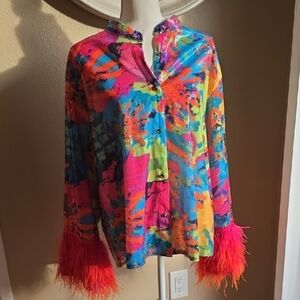 QUEEN OF SPARKLES Vibrant Sequin Blouse with Feather Cuffs